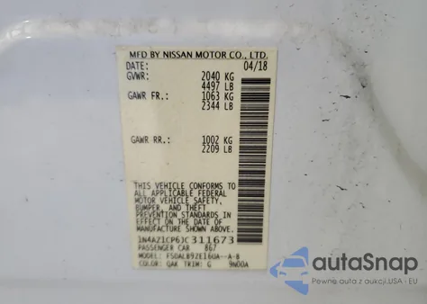 2018 Nissan Leaf S z USA, uszkodzony, nr VIN 1N4AZ1CP6JC311673